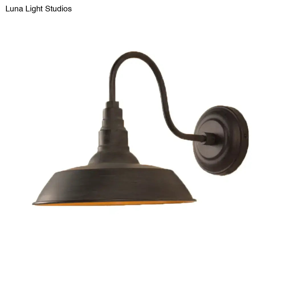 Dark bronze farmhouse-style decorbites™ industrial iron wall light with curved arm and wide metal shade for led incandescent fluorescent bulbs