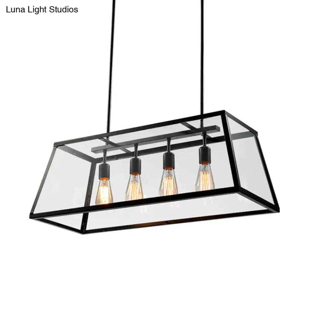 DecorBites black metal trapezoid island pendant light with clear glass and four exposed led incandescent bulbs for dining room