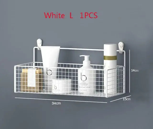 White wire mesh wall-mounted bathroom shelf with two adhesive hooks for bathroom storage of bath essentials