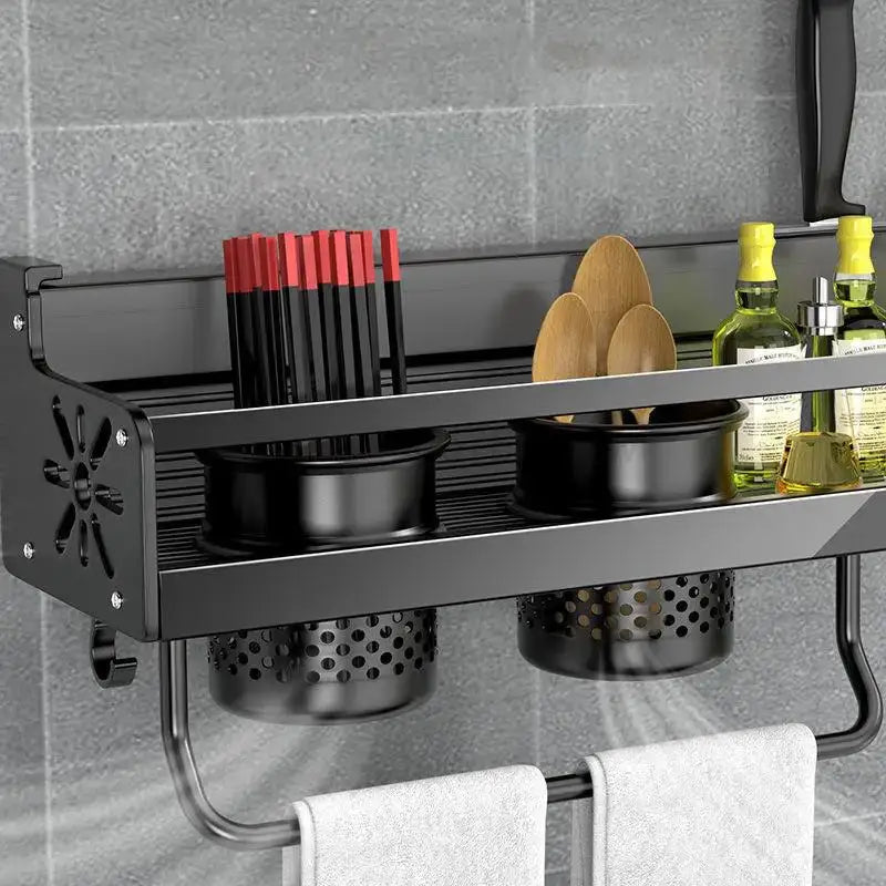 Industrial black metal two tier kitchen organizer wall storage rack with perforated containers and towel rack