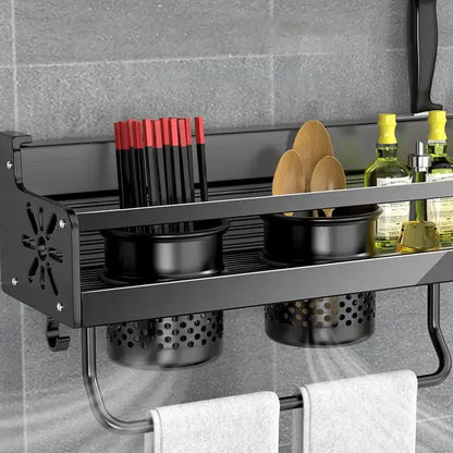Industrial black metal two tier kitchen organizer wall storage rack with perforated containers and towel rack