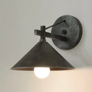 DecorBites outdoor metal cone wall hanging light in black with antique brass featuring industrial conical shade and bulb