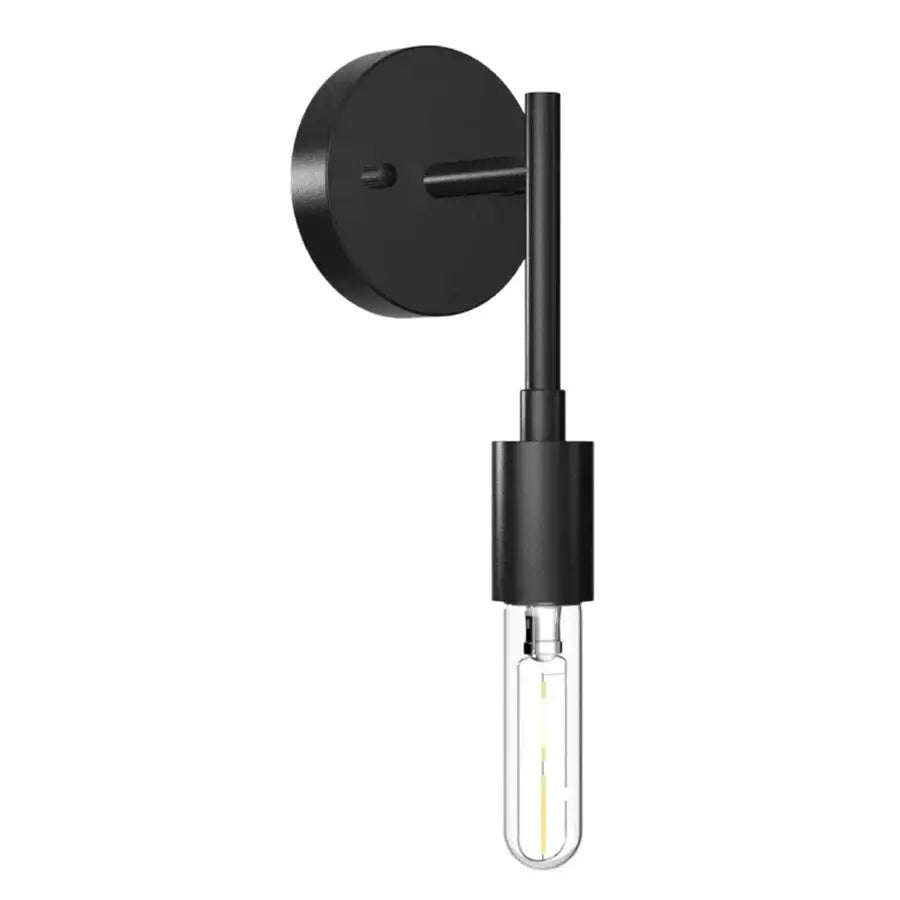 Black metal wall lamp with sleek cylindrical stem and clear glass bulb for bathroom mirror light by decorbites