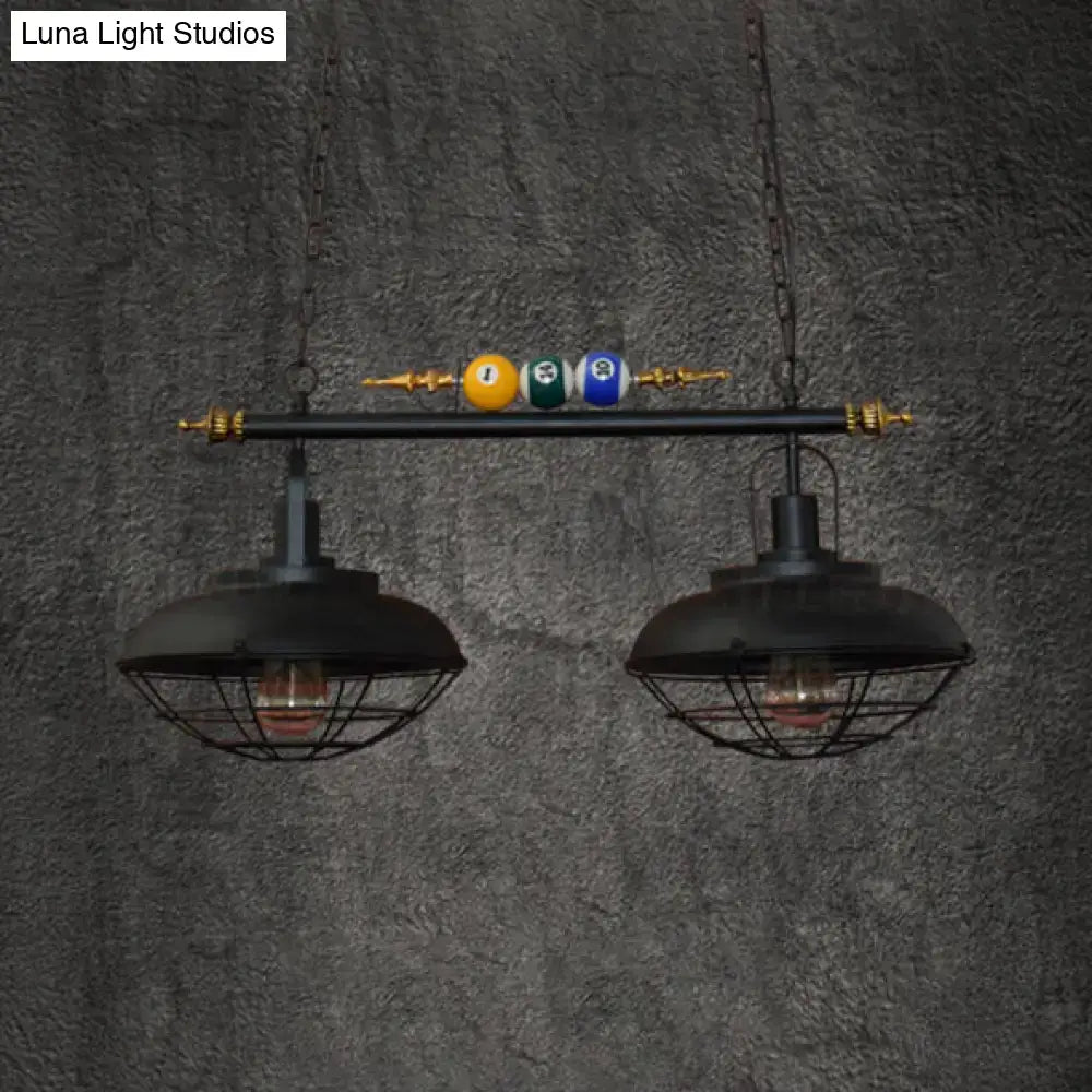 Decorbites™ industrial metal wire frame island light with black finish, brass accents, and pool ball holders for billiard room