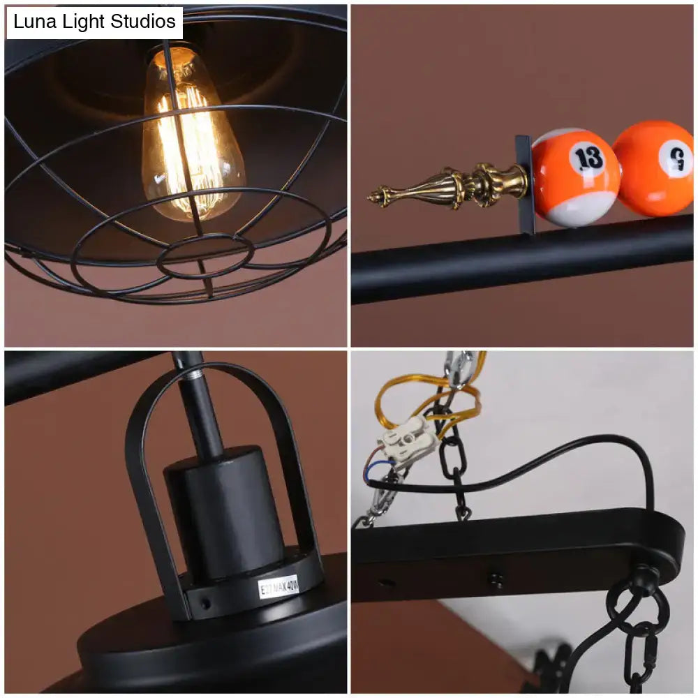 DecorBites industrial metal wire frame island light with vintage edison bulb and billiard balls black finish