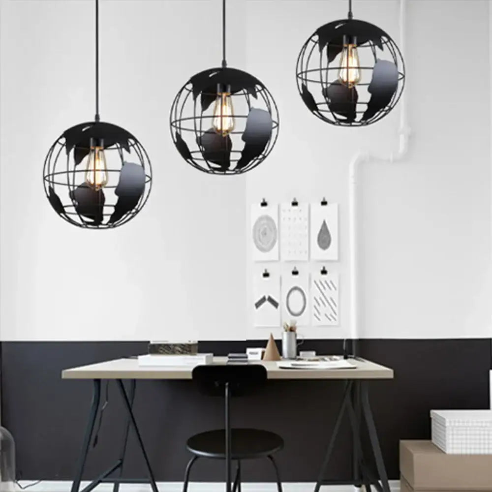 Black metal industrial pendant light with globe shape and exposed filament bulbs for dining room decorbites black metal