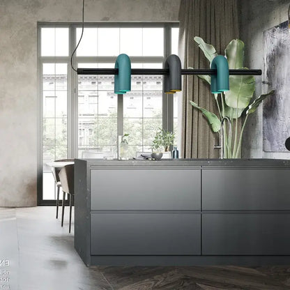Modern industrial black minimalist led chandelier with three curved teal and black metal fixtures decorbites cirkus led
