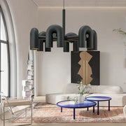 Industrial black minimalist led chandelier with curved pipe arms made of metal for kitchen decorbites cirkus led decor