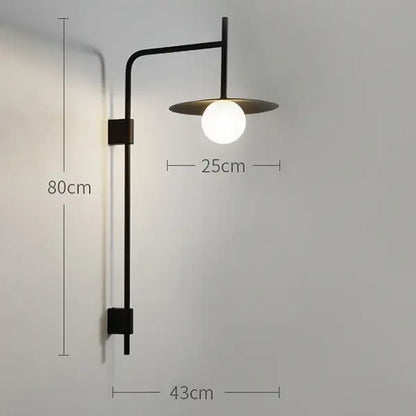 Black metal wall lamp with curved arm and circular frosted glass shade minimalist style wall lamp for bedroom