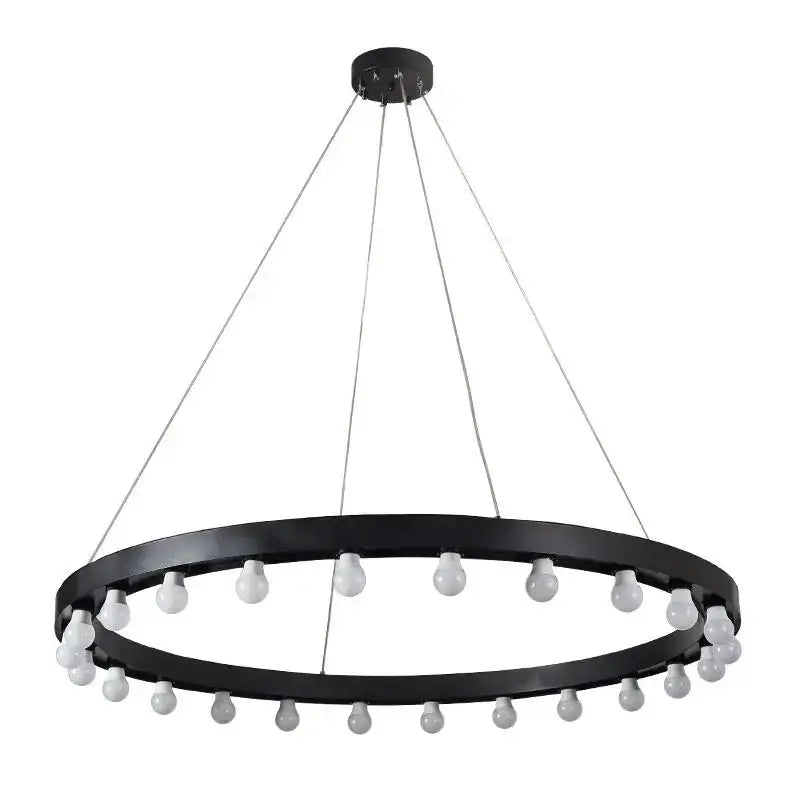 Black circular industrial pendant light with multiple white bulbs suspended by thin wires for decorbites industrial duplex staircase
