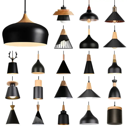 Industrial black matte pendant light with natural wood accents and painted iron exposed Edison bulb light sources
