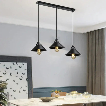 Industrial black pendant light with three conical shades and edison bulbs for kitchen decorbites industrial black style