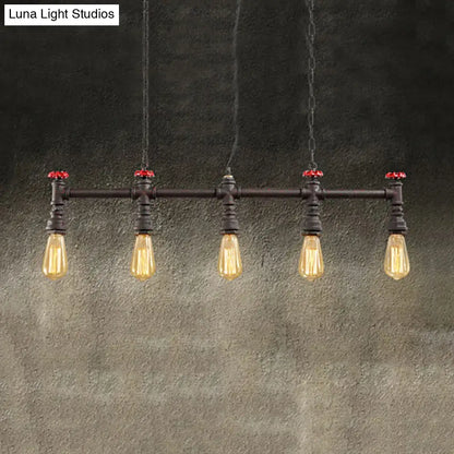 DecorBites™ industrial black iron pipe ceiling light with five amber bulbs, red valve caps, and adjustable chain cord length