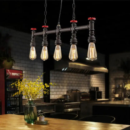 Decorbites industrial 5-head black iron pipe ceiling light with exposed bulbs red valve caps and adjustable chain cord length