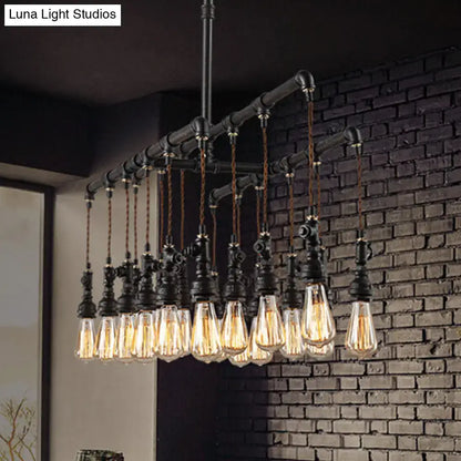Industrial black pipe LED chandelier with multiple exposed filament bulbs for dining room island lighting