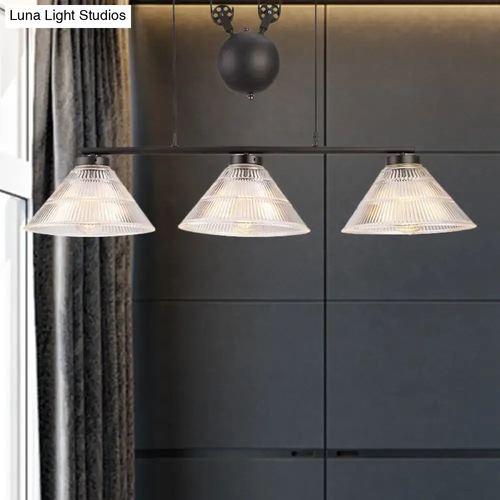 Decorbites adjustable pulley industrial cone pendant island lamp in black with three prismatic glass lights