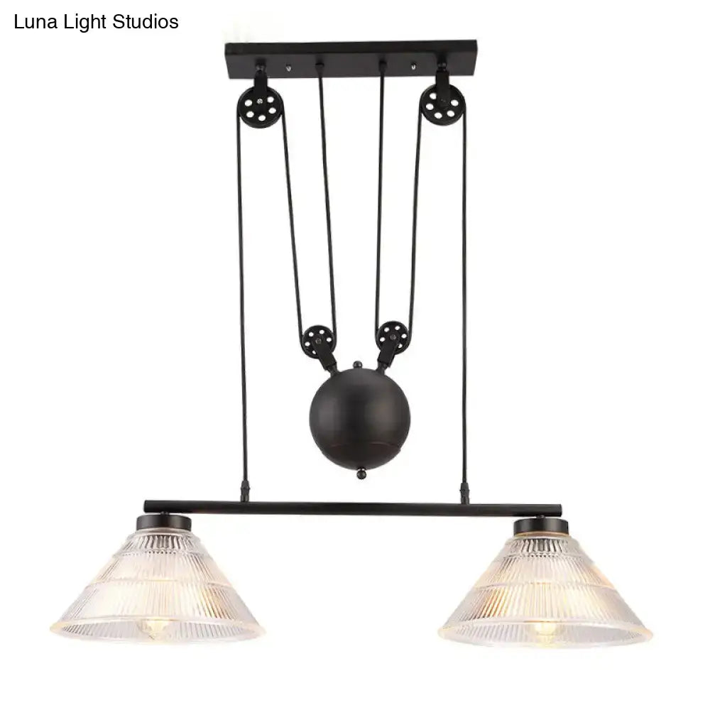 Black metal industrial cone pendant light with adjustable pulley and prismatic glass shades for island lamp use