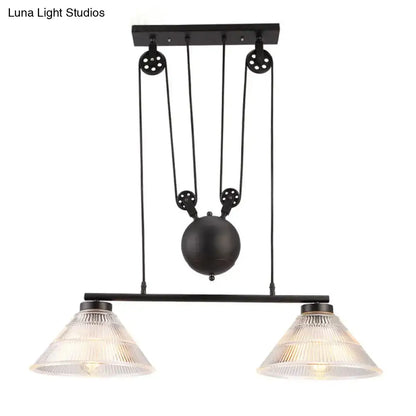 Black metal industrial cone pendant light with adjustable pulley and prismatic glass shades for island lamp use