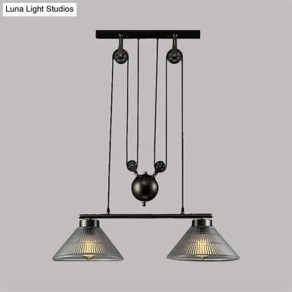 DecorBites™ industrial cone island lamp with adjustable black metal pulley and prismatic ribbed glass shades