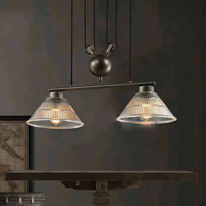 DecorBites industrial cone pendant island lamp with matte black frame and prismatic ribbed glass shades in double light design