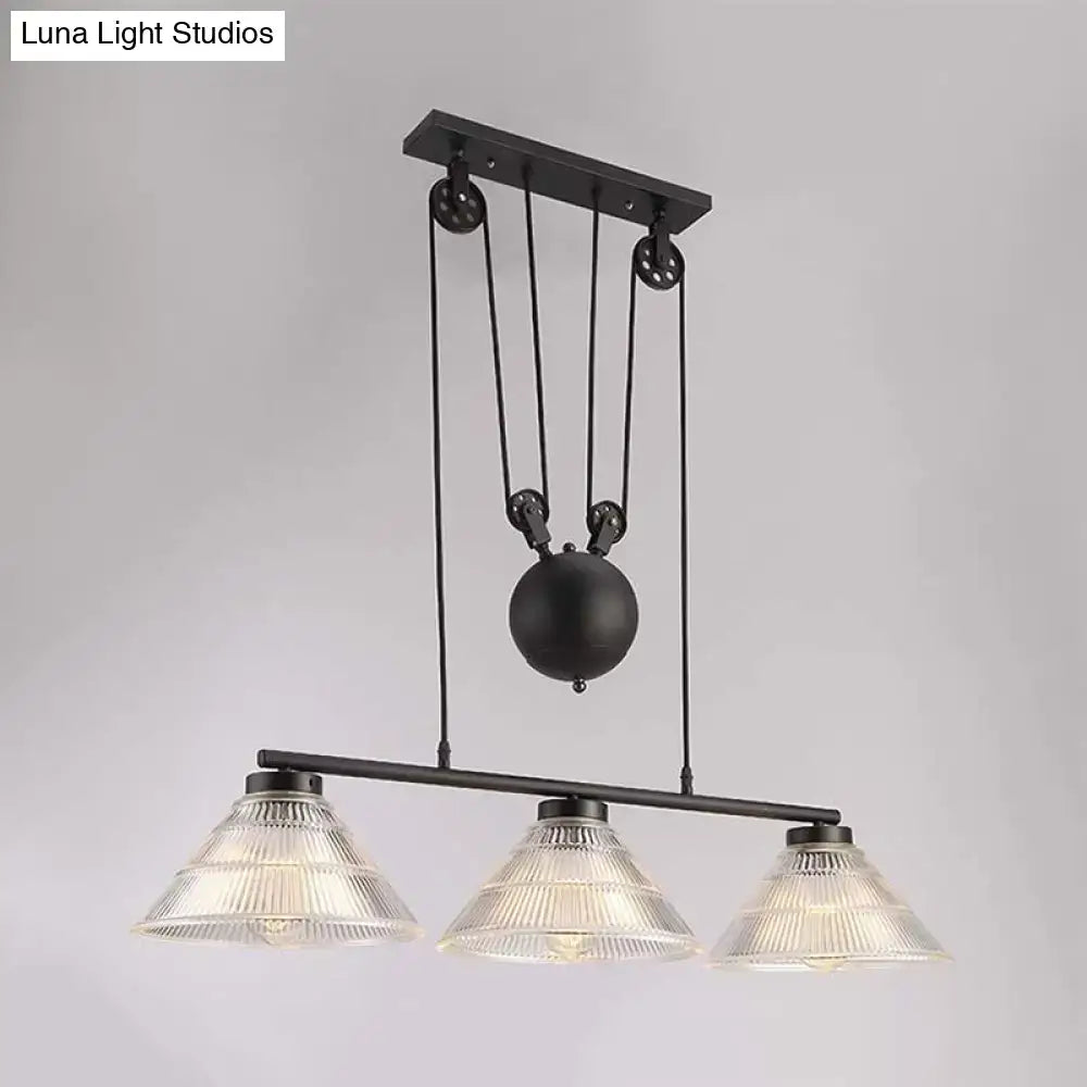 Decorbites™ industrial cone pendant island lamp in black metal with three prismatic glass shades and adjustable pulley