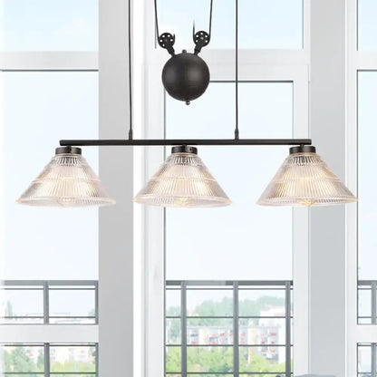 Black metal industrial cone pendant light with three prismatic glass shades for adjustable island lamp lighting