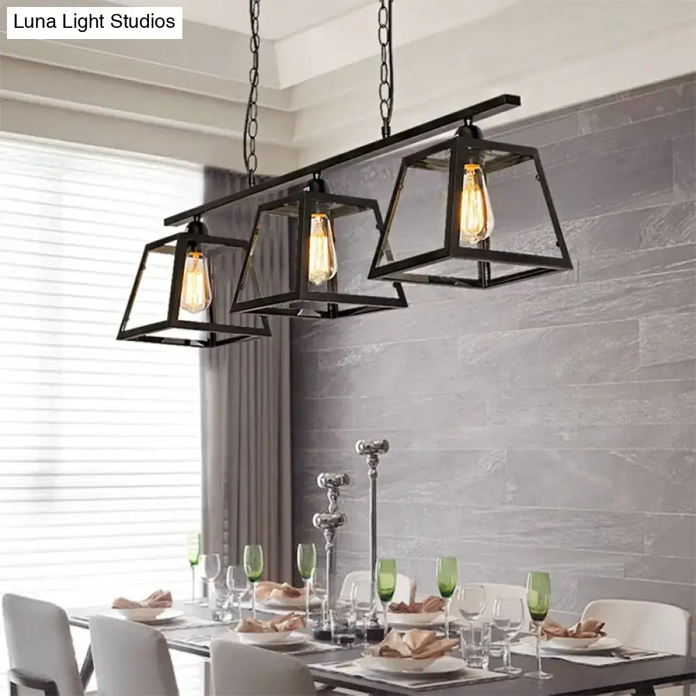 Industrial-style black metal pendant light with three exposed edison bulbs for black pyramid island kitchen fixture