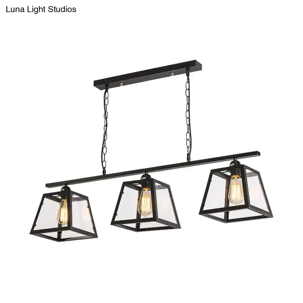 DecorBites™ black pyramid island light industrial metal pendant with three clear glass lanterns and exposed filament bulbs