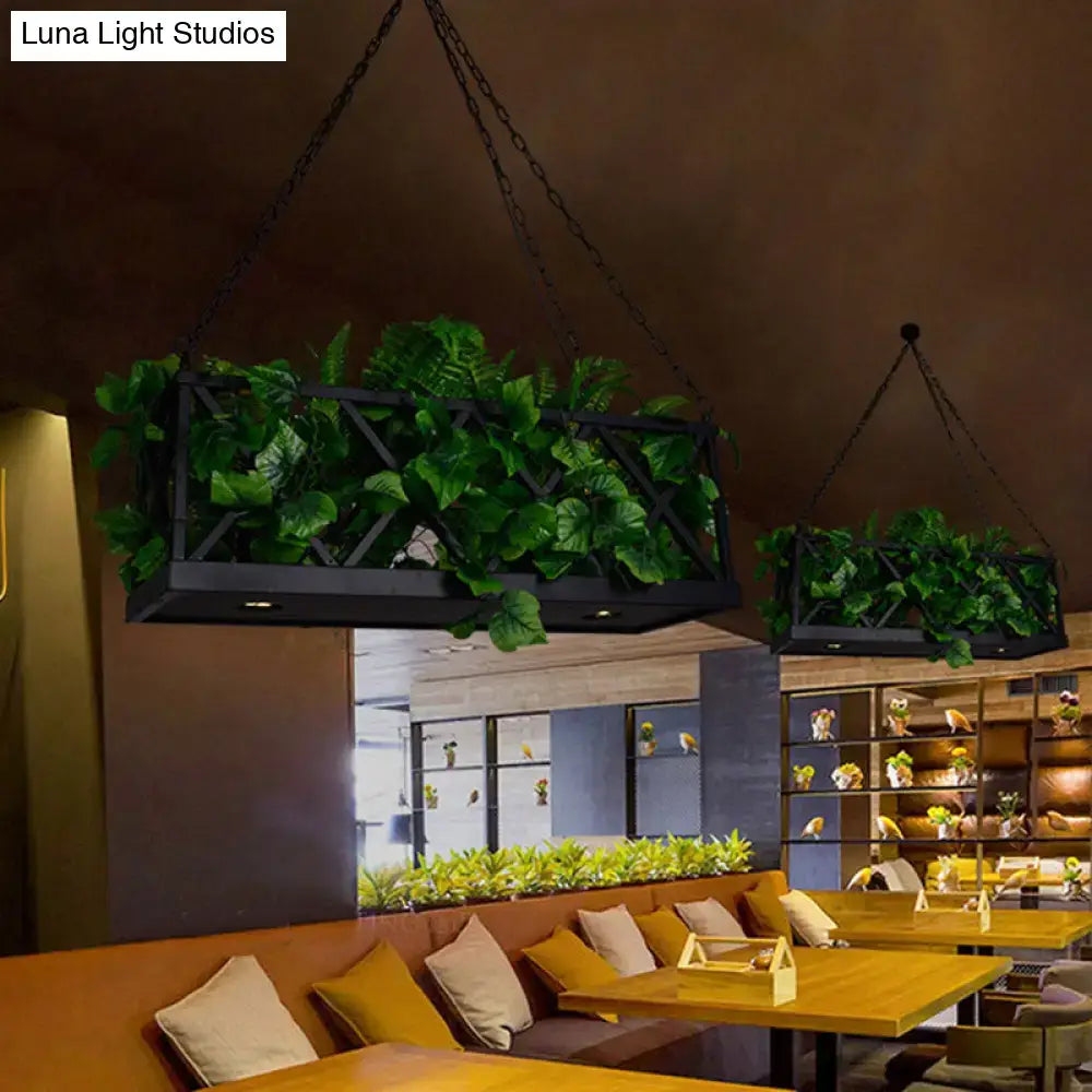 Black metal hanging planter with geometric lattice design filled with green foliage paired with decorbites™ black rectangular island lighting fixture ceiling light