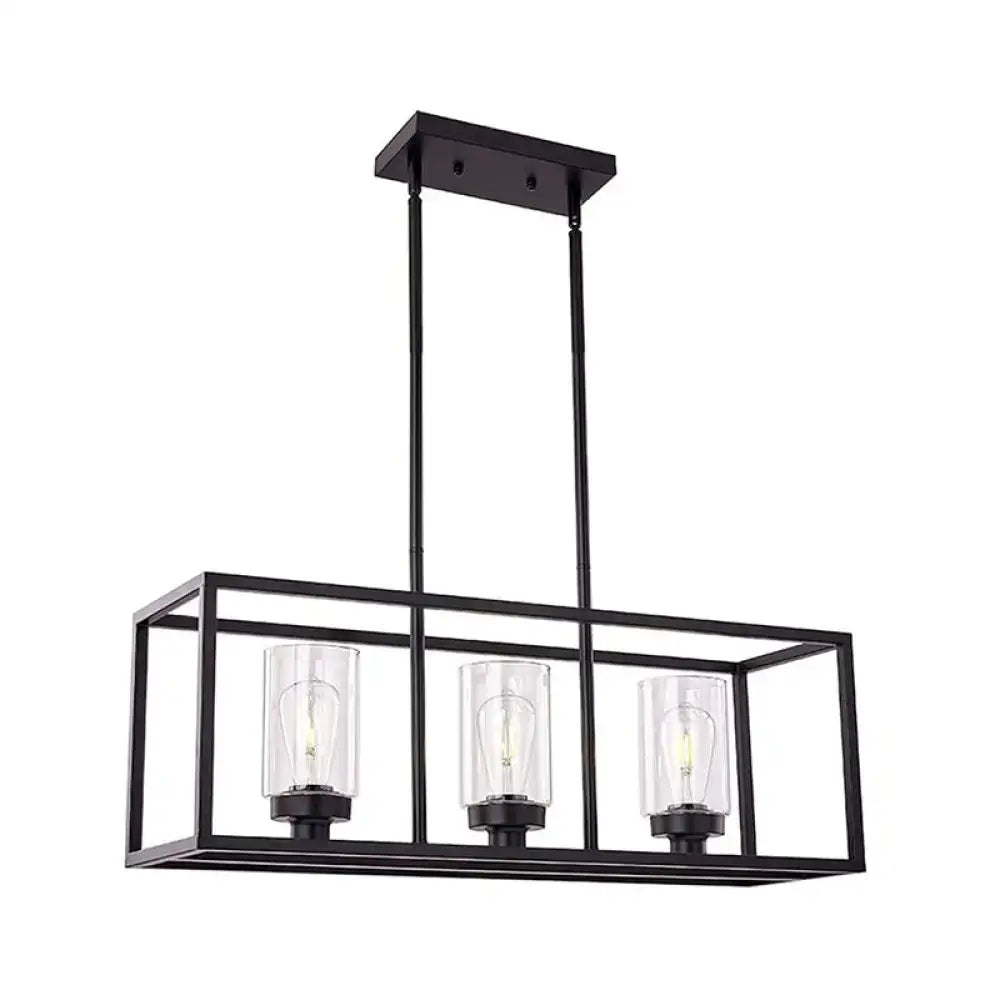 Black metal rectangular pendant light with three clear glass cylinders housing exposed filament bulbs for dining room