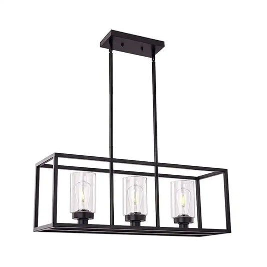 Black metal rectangular pendant light with three clear glass cylinders housing exposed filament bulbs for dining room