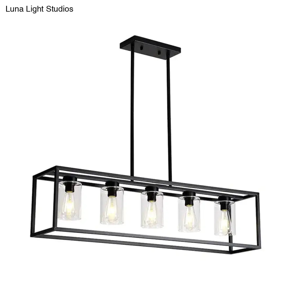 Black metal rectangular pendant light with five clear glass cylinders and exposed filament bulbs for dining room use