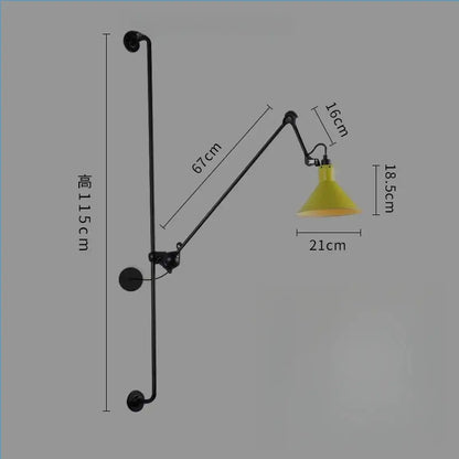 Industrial black wall lamp with yellow conical shade featuring decorbites adjustable rotating led design for bedroom decor