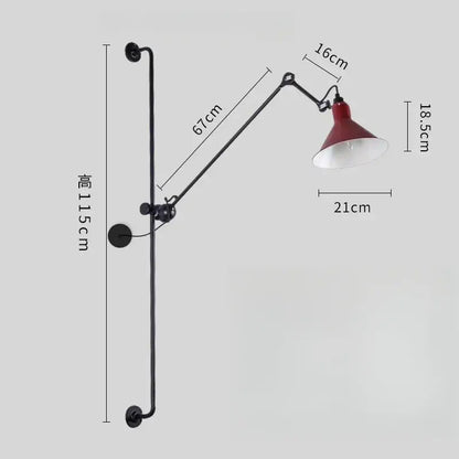 Industrial black and red decorbites adjustable rotating led wall lamp with red and white conical shade and black metal arms