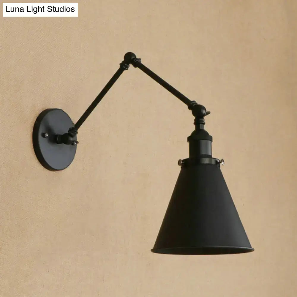 Black matte-finished DecorBites™ farmhouse cone wall sconce with articulated arm in black rust for bedroom lighting