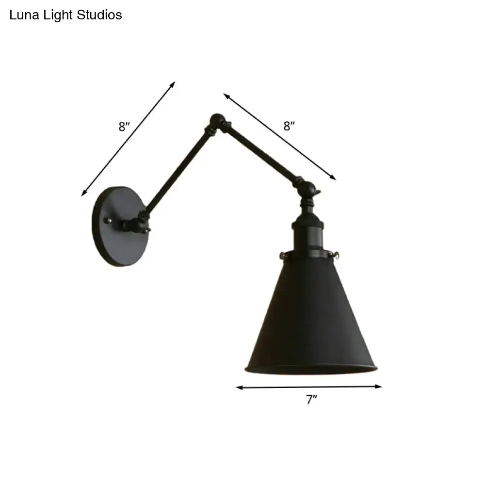 Decorbites farmhouse cone wall sconce in black rust iron with adjustable arms and matte finish for bedroom lighting