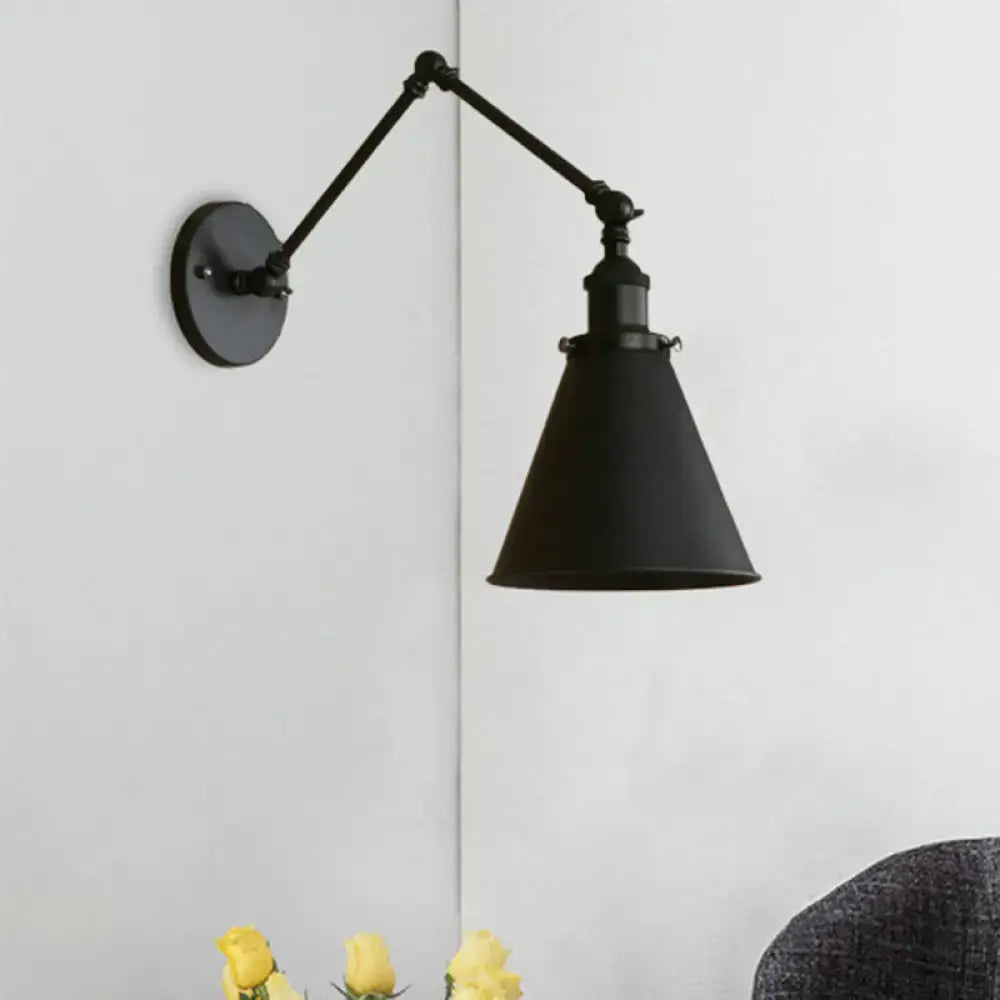 Black rust iron wall sconce with conical shade and articulated arm for bedroom decor by decorbites farmhouse