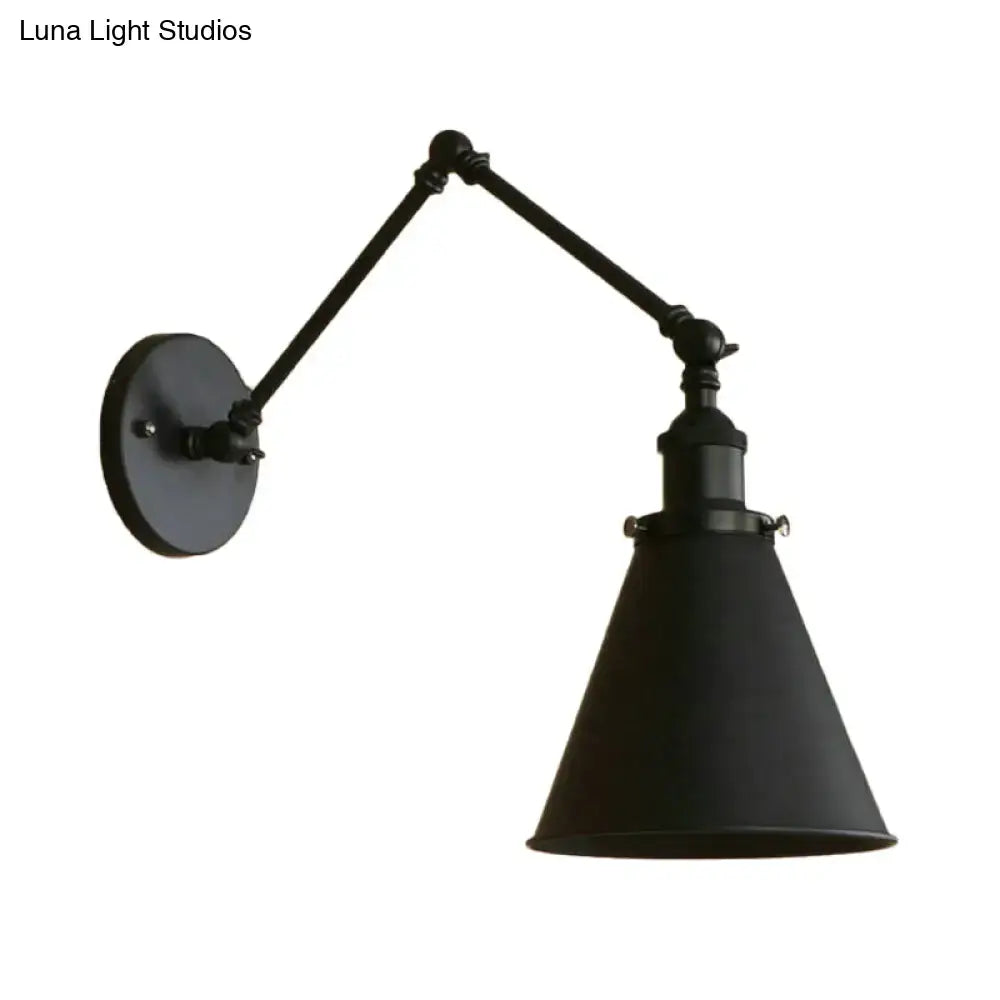 DecorBites™ farmhouse cone wall sconce in black rust iron with matte finish and articulated arm for bedroom lighting