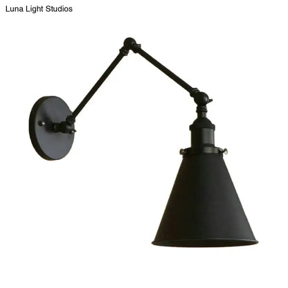DecorBites™ farmhouse cone wall sconce in black rust iron with matte finish and articulated arm for bedroom lighting