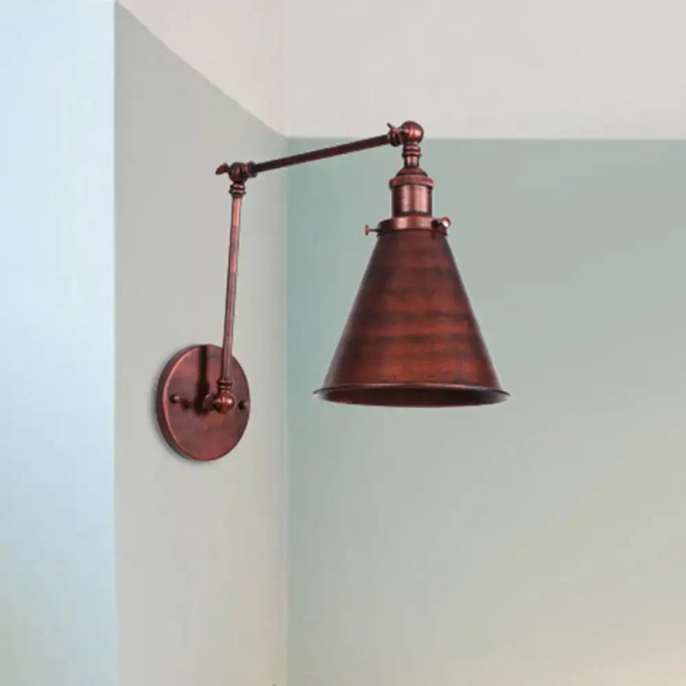 Copper-toned DecorBites™ farmhouse cone wall sconce with black rust iron articulated arm for bedroom lighting