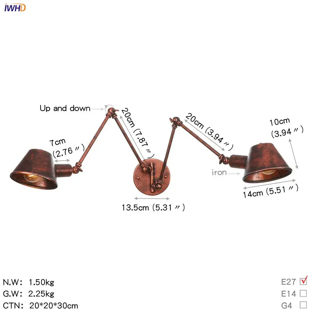 Copper-finished iron wall light with two adjustable arms and conical shades for decorbites black single swing use
