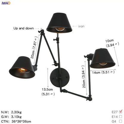Industrial black single swing arm wall light with black iron adjustable arms and conical shades for bedroom decorbites