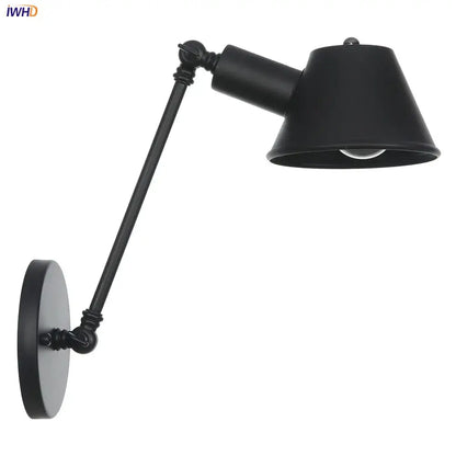Industrial black single swing arm wall light with black matte finish and conical shade for bedroom decorbites wall light