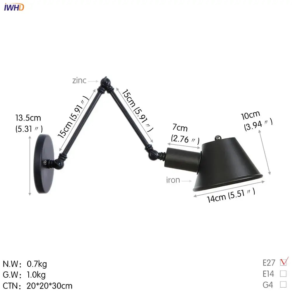 Industrial black single swing arm wall light with articulated zinc and iron arms and a conical shade for bedroom decorbites wall light