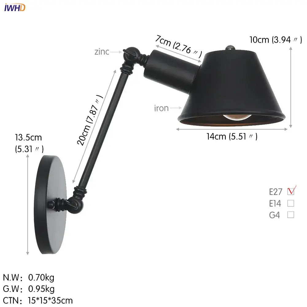 Black wrought iron and zinc decorbites black single swing conical shade wall light for bedroom sconce decor