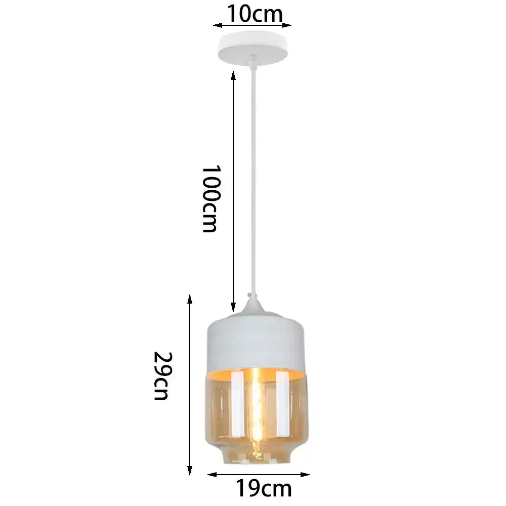 White cylindrical pendant light with frosted glass lower section and visible filament bulb in glass shade pendant light design