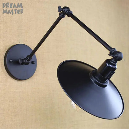 Black industrial swing arm wall lamp with articulated arms and wide matte shade for bedroom decorbites industrial swing