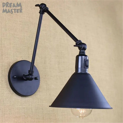 Black industrial swing arm wall lamp with matte metal arm and conical shade featuring exposed Edison bulb decorbites industrial swing