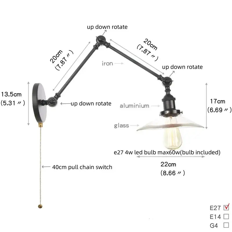 Industrial black swing arm wall light fixture with clear faceted glass shade and adjustable iron and aluminum frame housing e27 led bulb