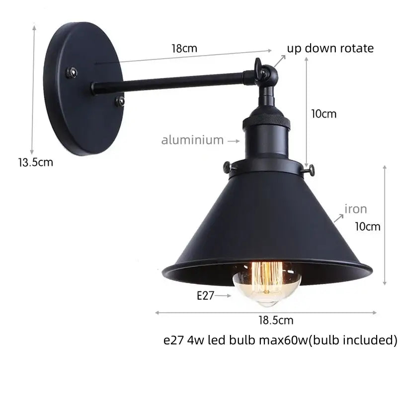 Black industrial vintage wall light by decorbites with adjustable iron arm and conical shade for bathroom use